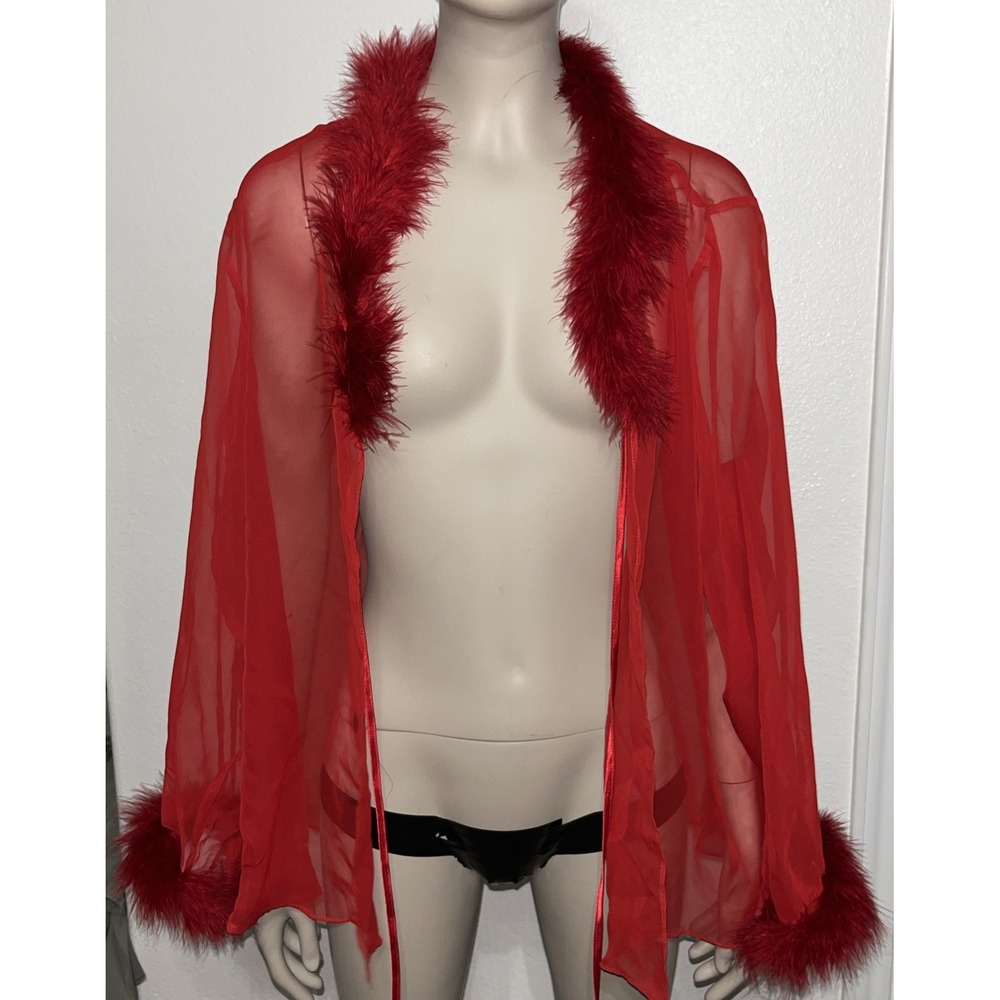 Vtg Cinema Etoile Red Sheer Mesh Boudoir Bed Jacket Faux Fur Trim Coquette Sz M - Picture 7 of 10